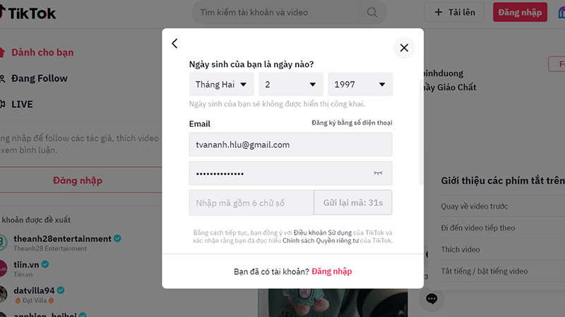 Cách đăng ký Tiktok - Điền đầy đủ thông tin cá nhân