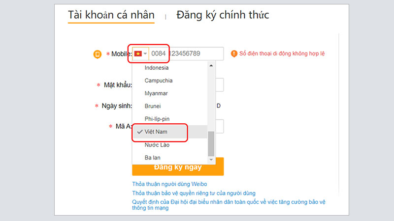 Cách đăng ký Weibo - Lưu ý chọn mã vùng Việt Nam khi đăng ký