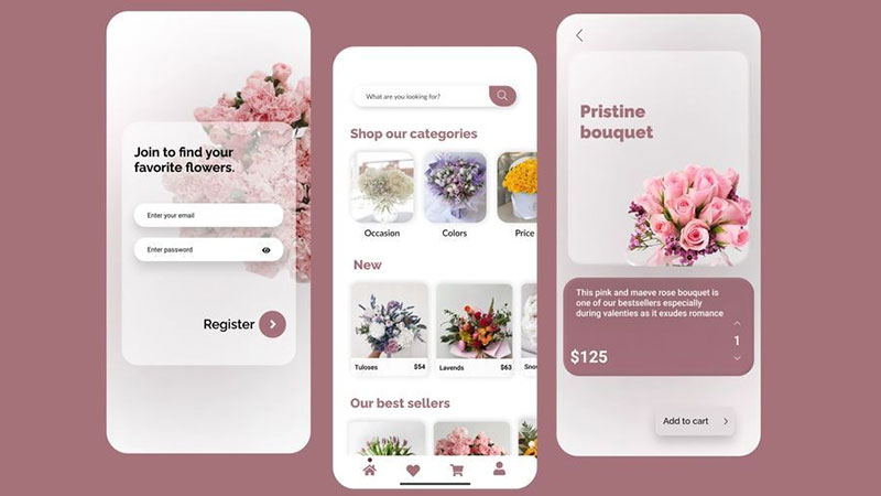 Giao diện minh họa của mobile app cửa hàng hoa