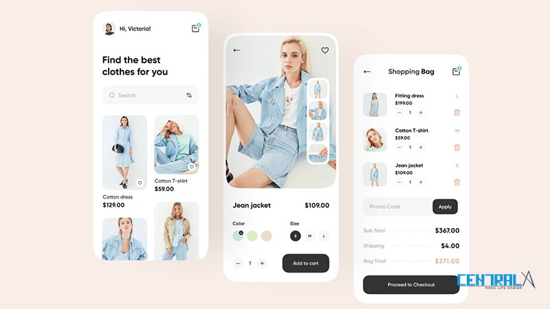 Giao diện minh họa của mobile app shop thời trang