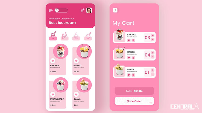 Giao diện minh họa của mobile app tiệm bánh ngọt