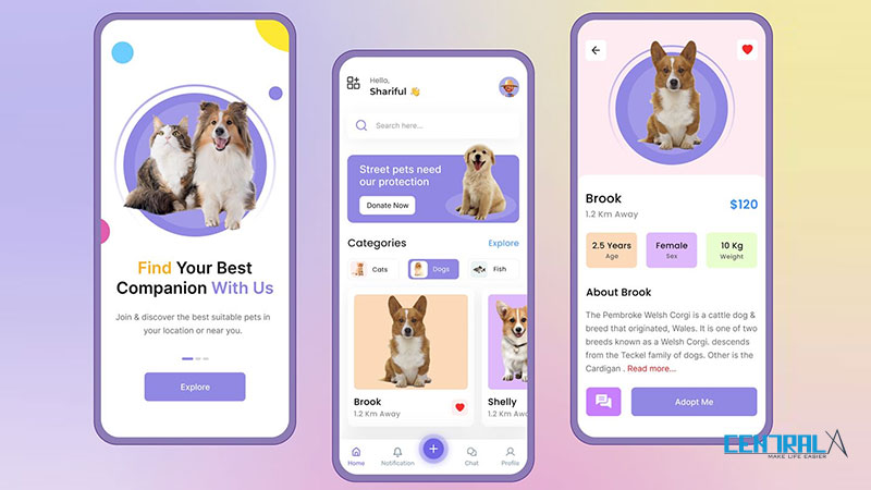 Giao diện minh họa của mobile app tiệm thú cưng