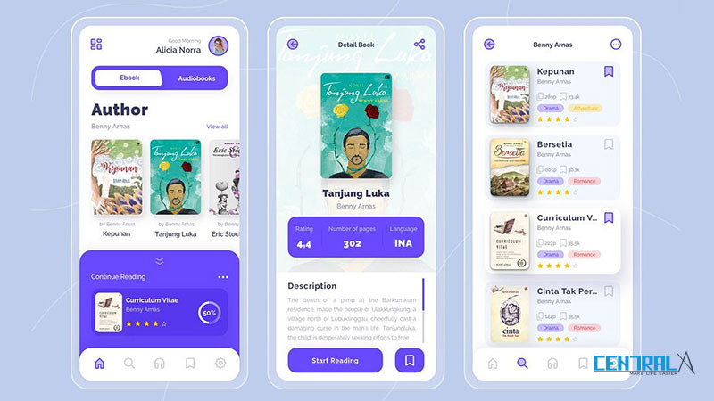 Giao diện minh họa của mobile app nhà sách