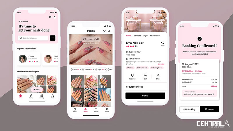 Một số tính năng minh họa của mobile app tiệm nail