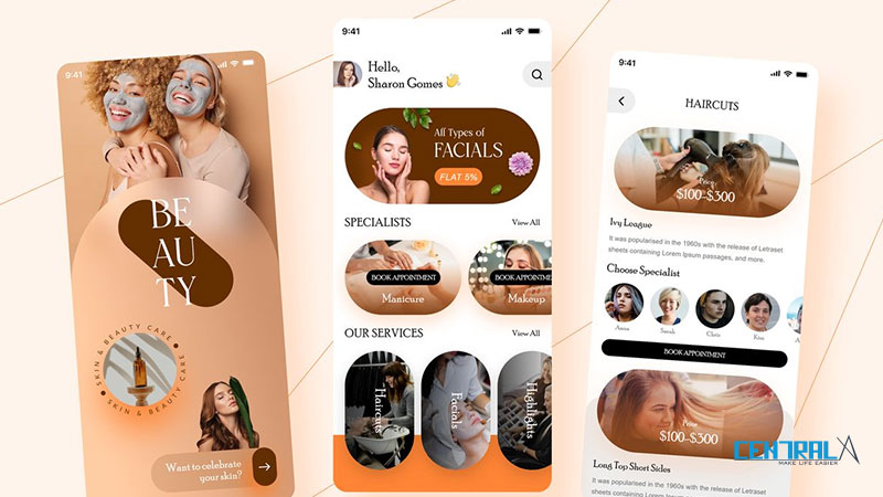 Giao diện minh họa của mobile app thẩm mỹ viện