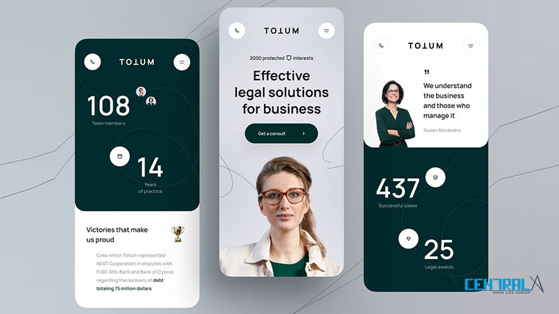 Giao diện minh họa của mobile app công ty luật