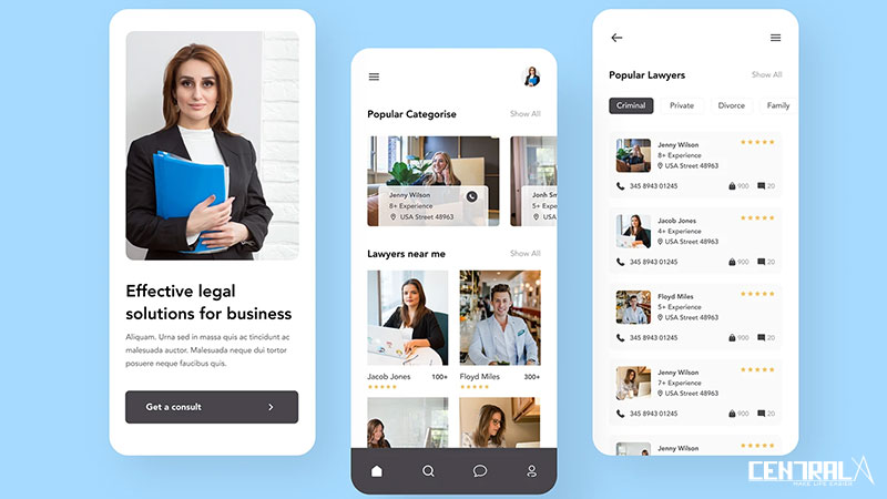 Một số tính năng minh họa của mobile app công ty luật