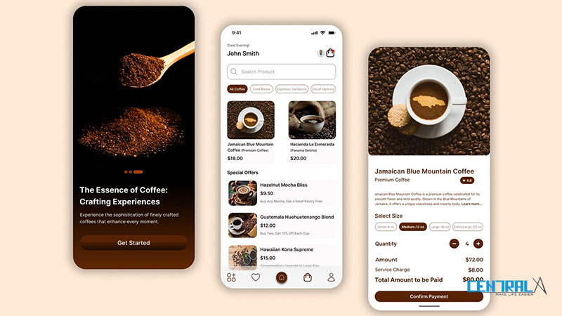 Giao diện minh họa của mobile app quán cà phê
