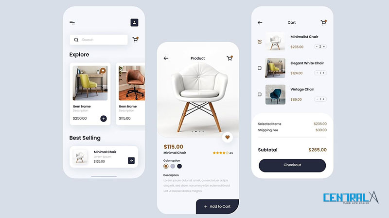 Giao diện minh họa của mobile app công ty nội thất