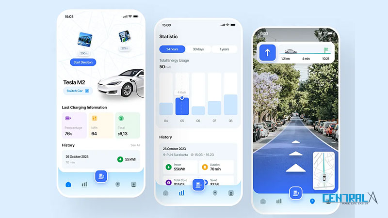 Giao diện minh họa của mobile app trạm sạc xe điện