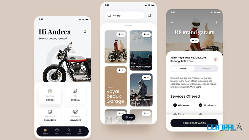 Giao diện minh họa của mobile app tiệm sửa xe máy
