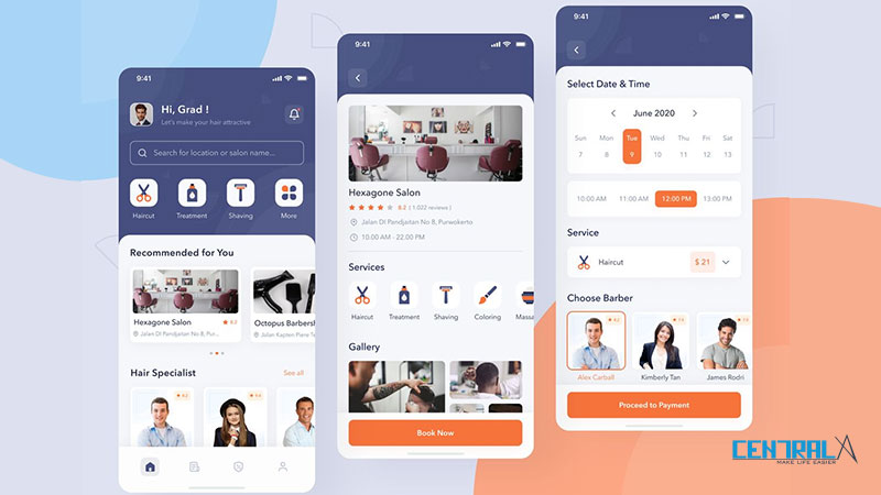 Giao diện minh họa của mobile app tiệm cắt tóc